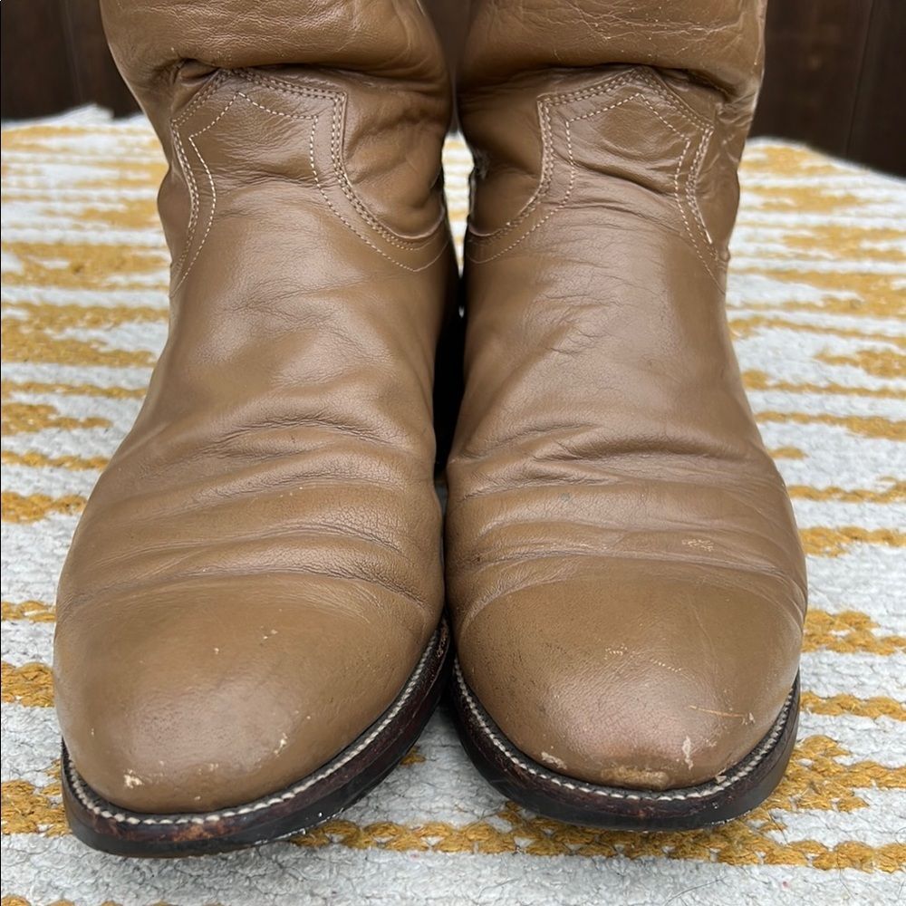 Justin Ropers Classic Tan Leather Cowboy Boots Goodyear Oil Resistant Sole Work - Picture 7 of 16